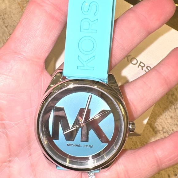 Michael Kors Janelle Watch Silver MK Logo Dial Aqua Blue Sili… NIB - Picture 11 of 13